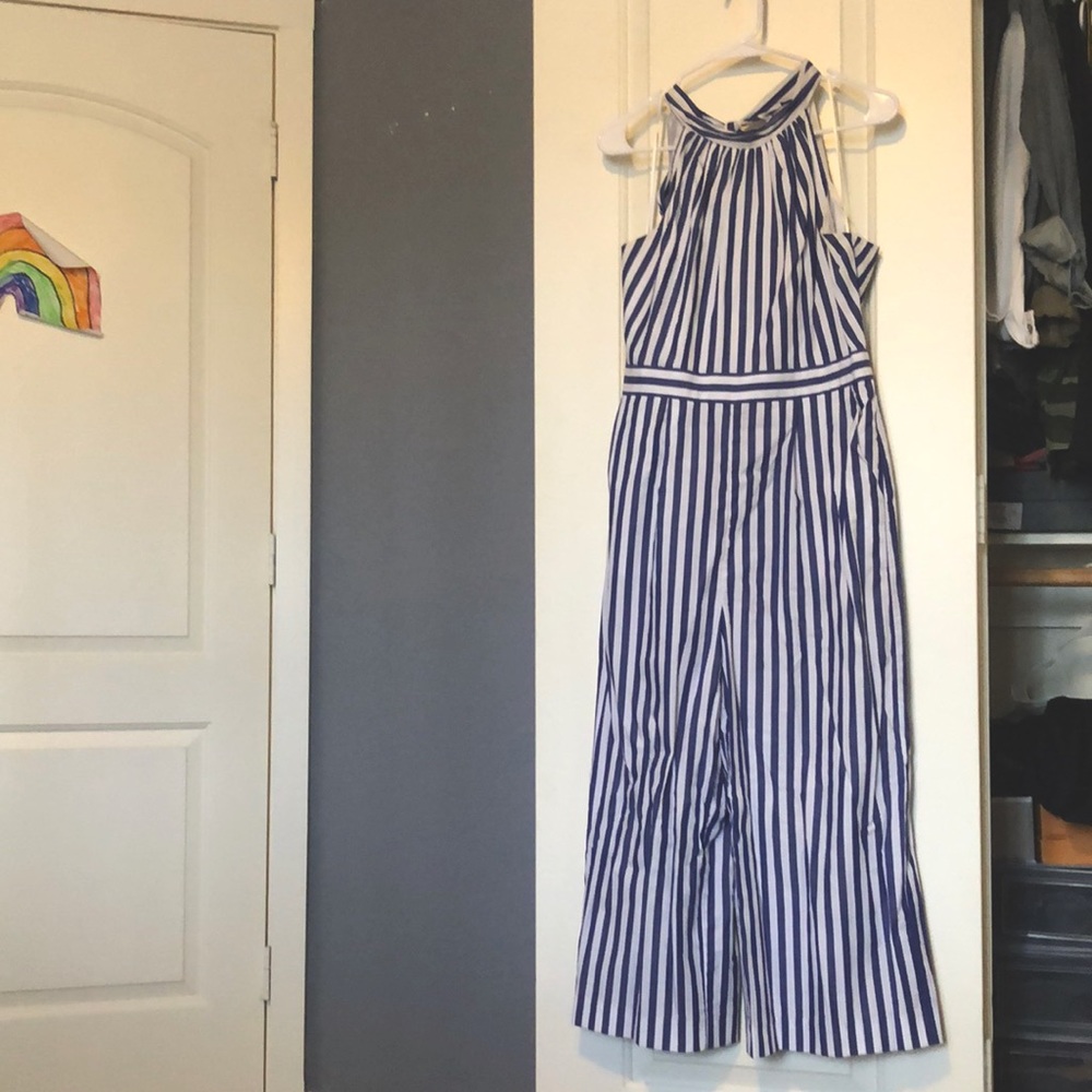 Worn once J Crew Romper. Size 8, white/ royal blue